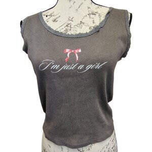 Womens Y2K Ribbed Lace Trim Graphic Tank Top "Im Just a Girl" XL Retro No Doubt